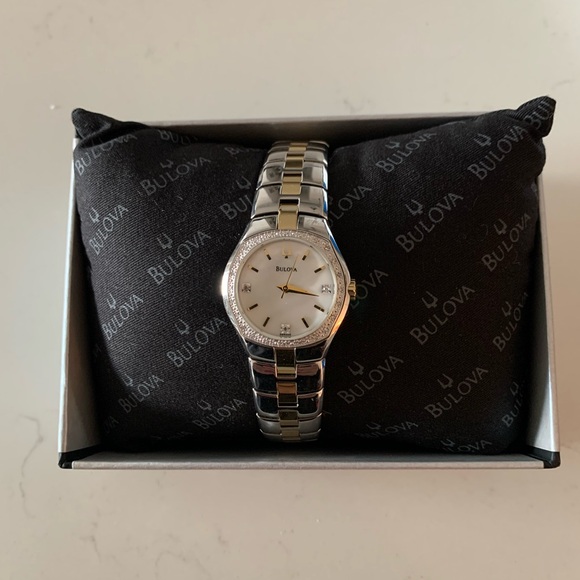 Never Worn Bulova Women's Two-Tone Silver and Gold Watch. 27 Diamonds. 98R008. - Picture 2 of 7